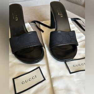 GUCCI GG canvas leather trim sandals heels